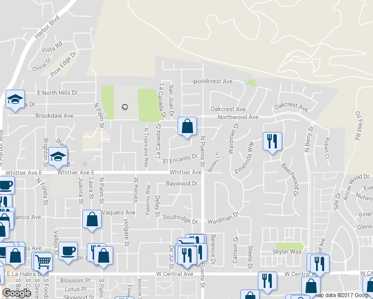 map of restaurants, bars, coffee shops, grocery stores, and more near 1308 Las Lomas Drive in Brea