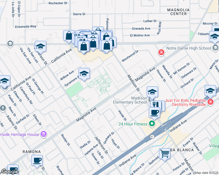map of restaurants, bars, coffee shops, grocery stores, and more near 7675 Magnolia Avenue in Riverside