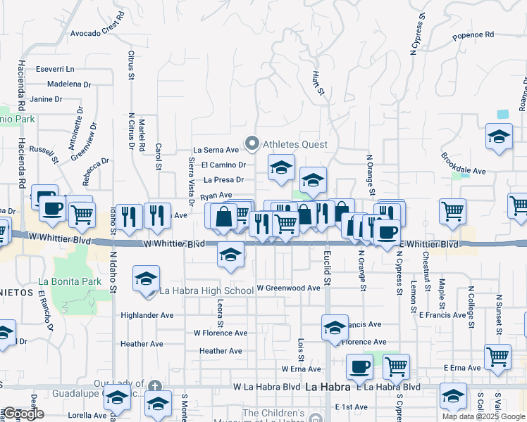 map of restaurants, bars, coffee shops, grocery stores, and more near 950 North Walnut Street in La Habra