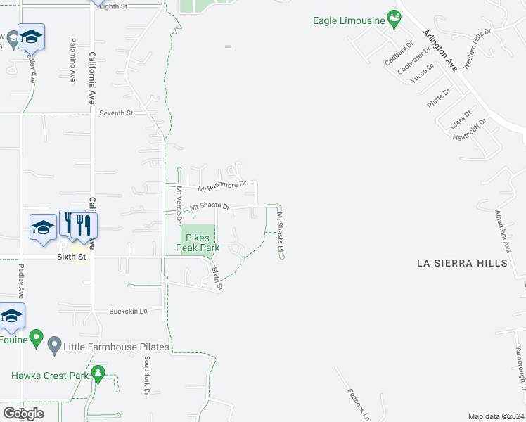 map of restaurants, bars, coffee shops, grocery stores, and more near 400 Mount Shasta Drive in Norco