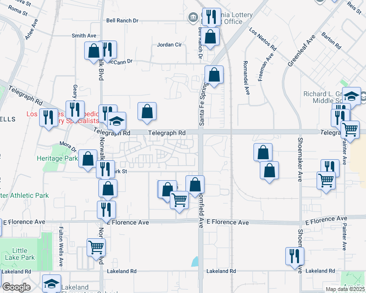 map of restaurants, bars, coffee shops, grocery stores, and more near 12561 Heritage Springs Drive in Santa Fe Springs