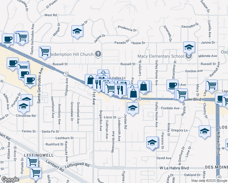 map of restaurants, bars, coffee shops, grocery stores, and more near 16315 Whittier Boulevard in Whittier
