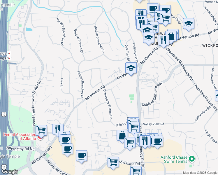 map of restaurants, bars, coffee shops, grocery stores, and more near 1110 Atcheson Lane in Dunwoody