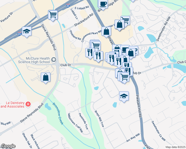 map of restaurants, bars, coffee shops, grocery stores, and more near 3740 Club Drive in Duluth