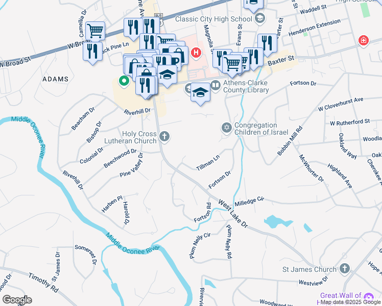 map of restaurants, bars, coffee shops, grocery stores, and more near 2 Harwood Court in Athens