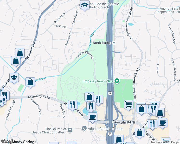 map of restaurants, bars, coffee shops, grocery stores, and more near 50 Glenlake Parkway Northeast in Atlanta