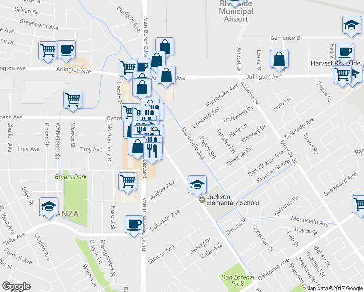 map of restaurants, bars, coffee shops, grocery stores, and more near 4809 Jackson Street in Riverside