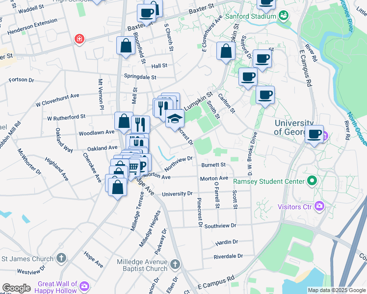 map of restaurants, bars, coffee shops, grocery stores, and more near 210A East Rutherford Street in Athens