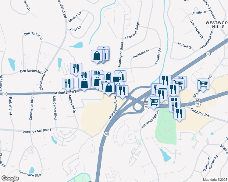 map of restaurants, bars, coffee shops, grocery stores, and more near 3700 Atlanta Highway in Bogart