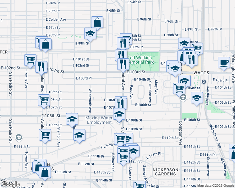map of restaurants, bars, coffee shops, grocery stores, and more near 1146 East 105th Street in Los Angeles