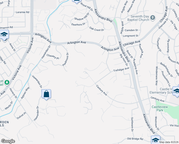 map of restaurants, bars, coffee shops, grocery stores, and more near 2272 El Capitan Drive in Riverside