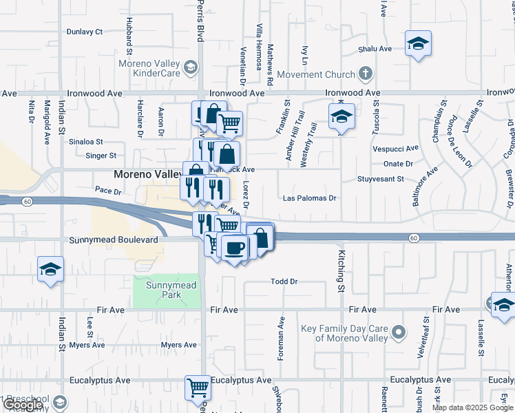 map of restaurants, bars, coffee shops, grocery stores, and more near 12410 Lorez Drive in Moreno Valley