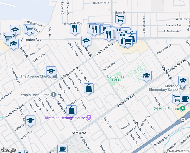 map of restaurants, bars, coffee shops, grocery stores, and more near 4025 Vía San Luis in Riverside