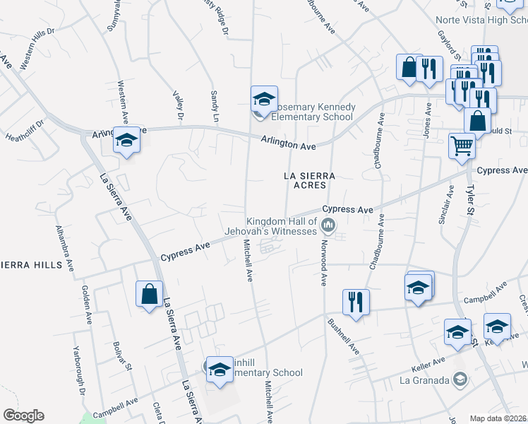 map of restaurants, bars, coffee shops, grocery stores, and more near 10745 Cypress Avenue in Riverside