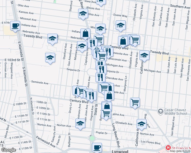 map of restaurants, bars, coffee shops, grocery stores, and more near 10349 Long Beach Boulevard in Lynwood