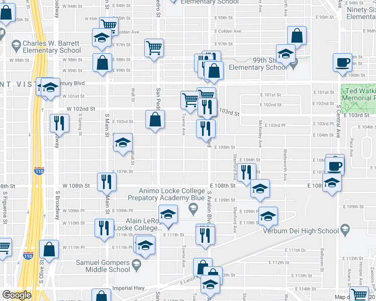 map of restaurants, bars, coffee shops, grocery stores, and more near 357 East 106th Street in Los Angeles