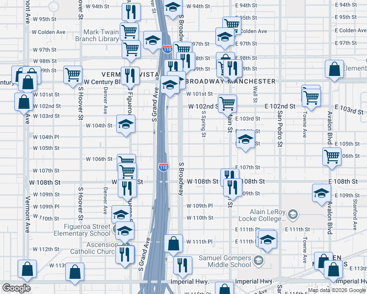 map of restaurants, bars, coffee shops, grocery stores, and more near 10516 South Broadway in Los Angeles