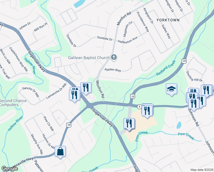 map of restaurants, bars, coffee shops, grocery stores, and more near 1478-1598 Monfort Road in Lawrenceville