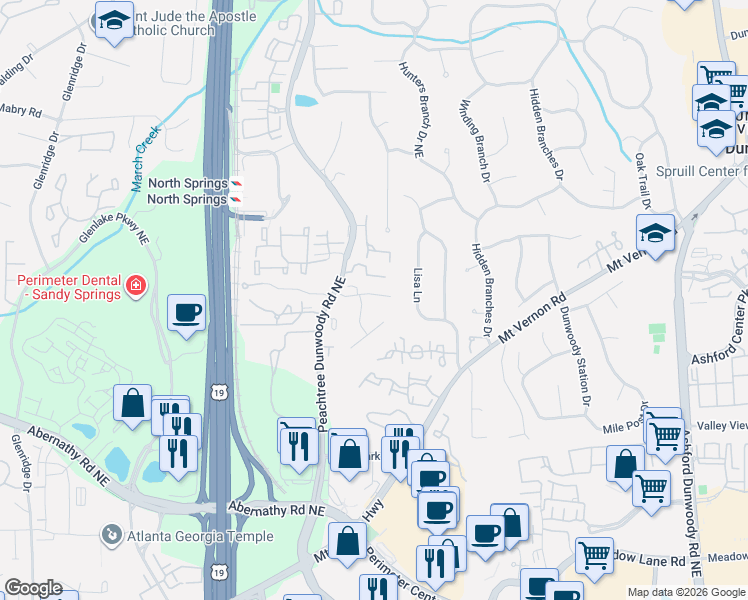 map of restaurants, bars, coffee shops, grocery stores, and more near 255 Glen Meadow Court in Atlanta