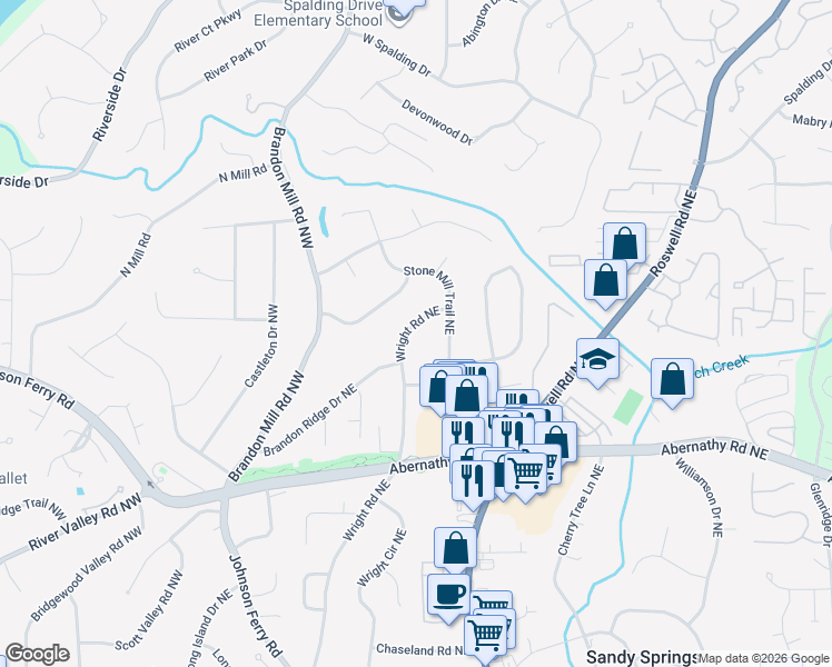 map of restaurants, bars, coffee shops, grocery stores, and more near 6785 Wright Road Northeast in Atlanta