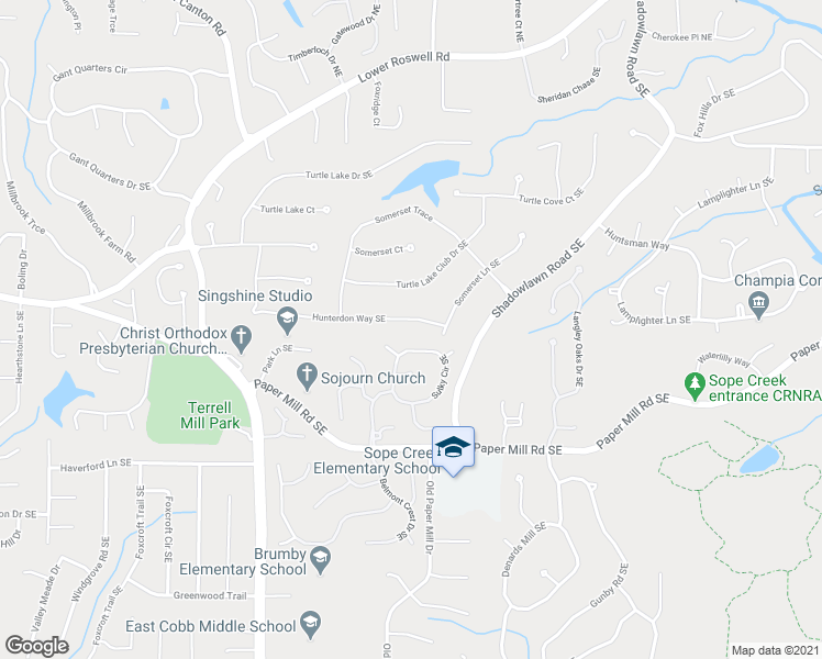 map of restaurants, bars, coffee shops, grocery stores, and more near 3348 Hunterdon Way Southeast in Marietta