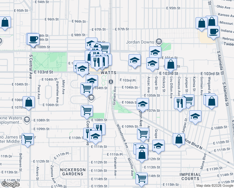 map of restaurants, bars, coffee shops, grocery stores, and more near 10422 Graham Avenue in Los Angeles