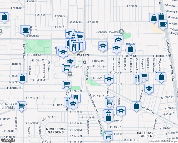 map of restaurants, bars, coffee shops, grocery stores, and more near 10424 Graham Avenue in Los Angeles