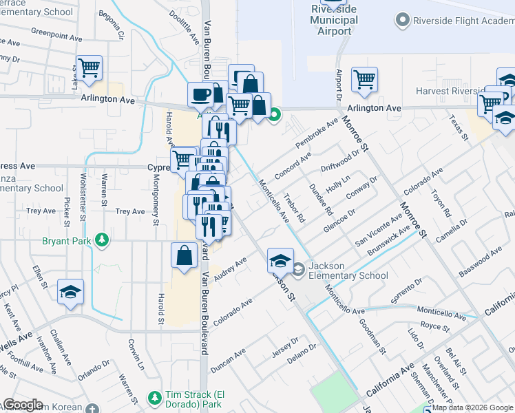 map of restaurants, bars, coffee shops, grocery stores, and more near 4809 Jackson Street in Riverside