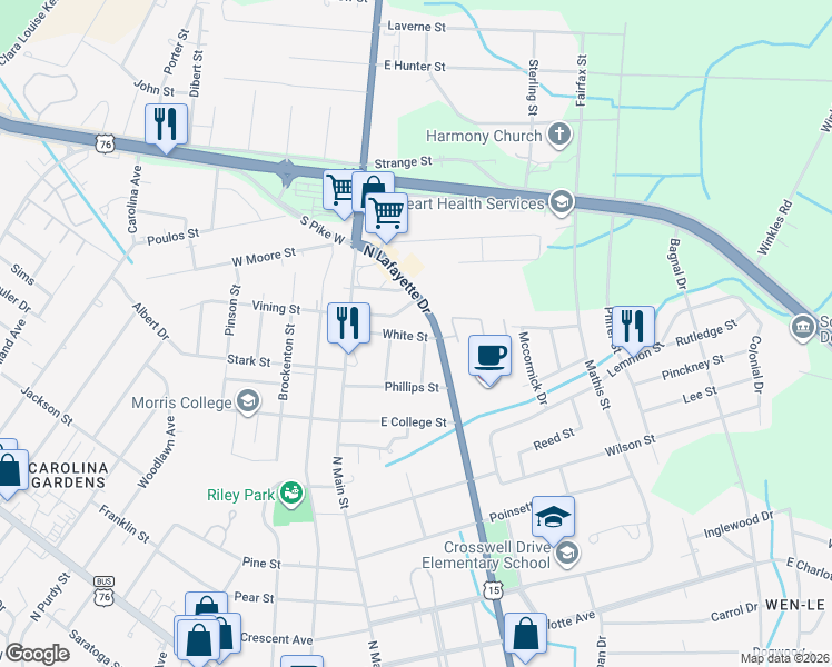 map of restaurants, bars, coffee shops, grocery stores, and more near 21 Shirer Street in Sumter