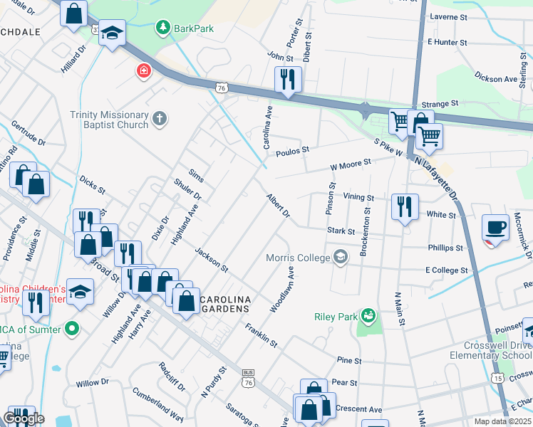 map of restaurants, bars, coffee shops, grocery stores, and more near 137 North Milton Road in Sumter