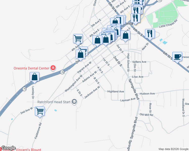 map of restaurants, bars, coffee shops, grocery stores, and more near 213 Adams Avenue East in Oneonta