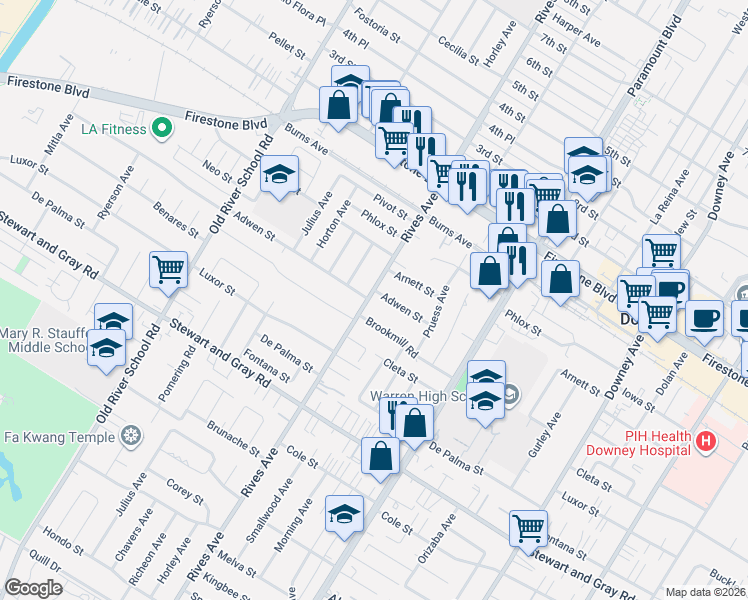 map of restaurants, bars, coffee shops, grocery stores, and more near 7802 Adwen Street in Downey