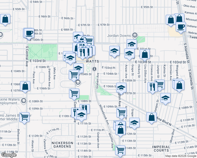 map of restaurants, bars, coffee shops, grocery stores, and more near 10422 Graham Avenue in Los Angeles