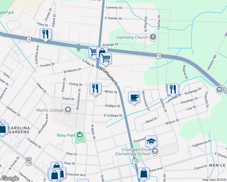 map of restaurants, bars, coffee shops, grocery stores, and more near 31 White Street in Sumter
