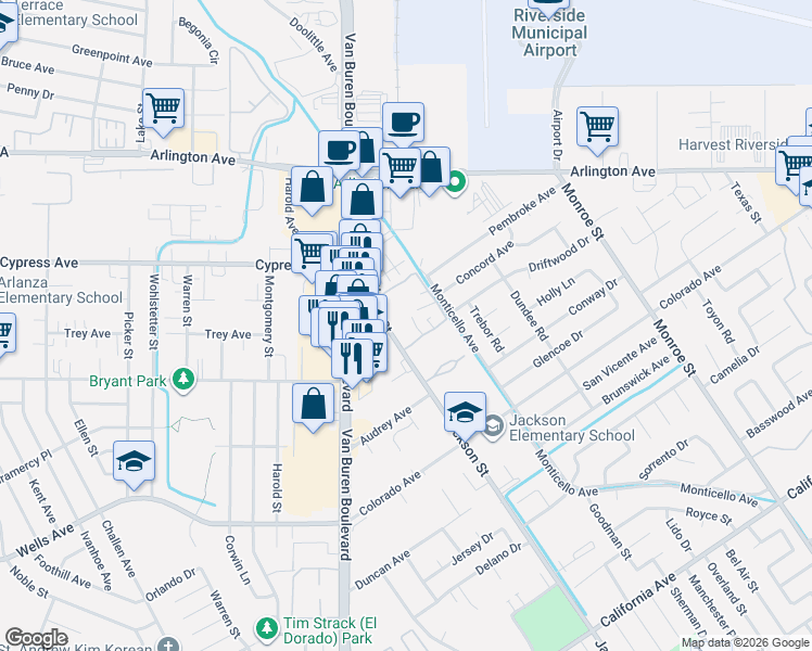 map of restaurants, bars, coffee shops, grocery stores, and more near 4823 Jackson Street in Riverside