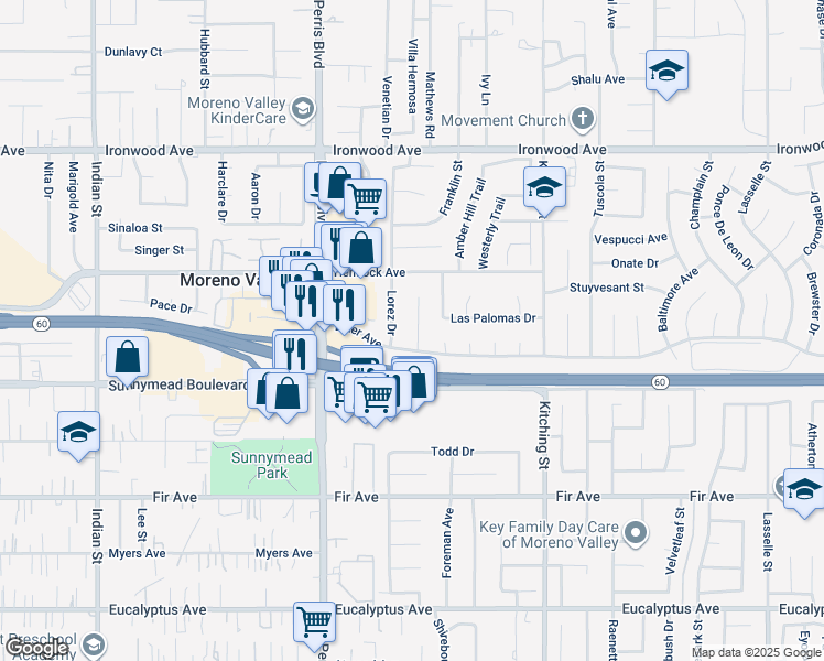 map of restaurants, bars, coffee shops, grocery stores, and more near 12410 Lorez Drive in Moreno Valley