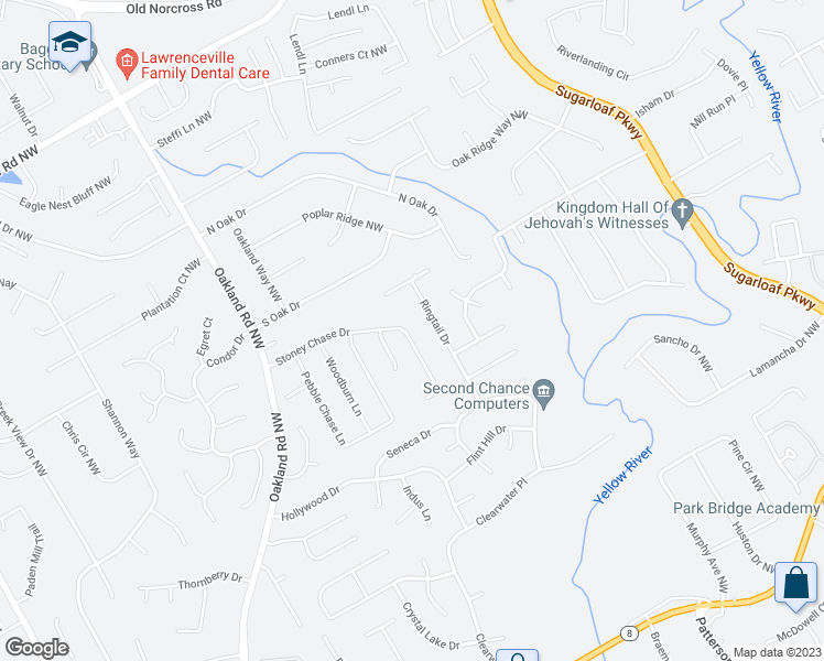 map of restaurants, bars, coffee shops, grocery stores, and more near 1801 Stoney Chase Drive in Lawrenceville