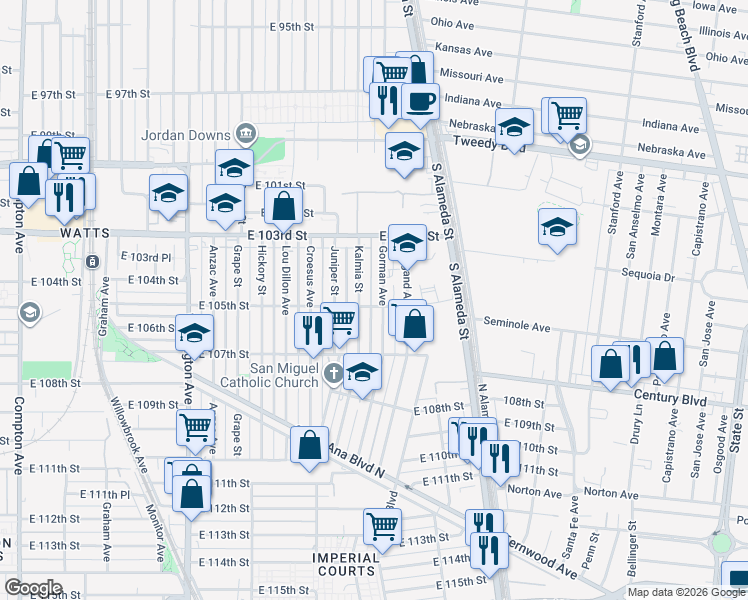 map of restaurants, bars, coffee shops, grocery stores, and more near 2258 East 105th Street in Los Angeles