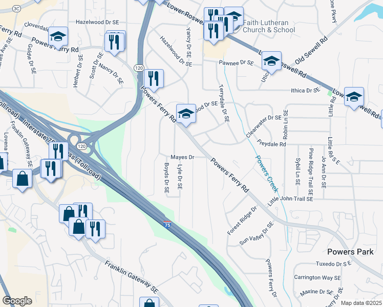 map of restaurants, bars, coffee shops, grocery stores, and more near 471 Lyle Drive Southeast in Marietta