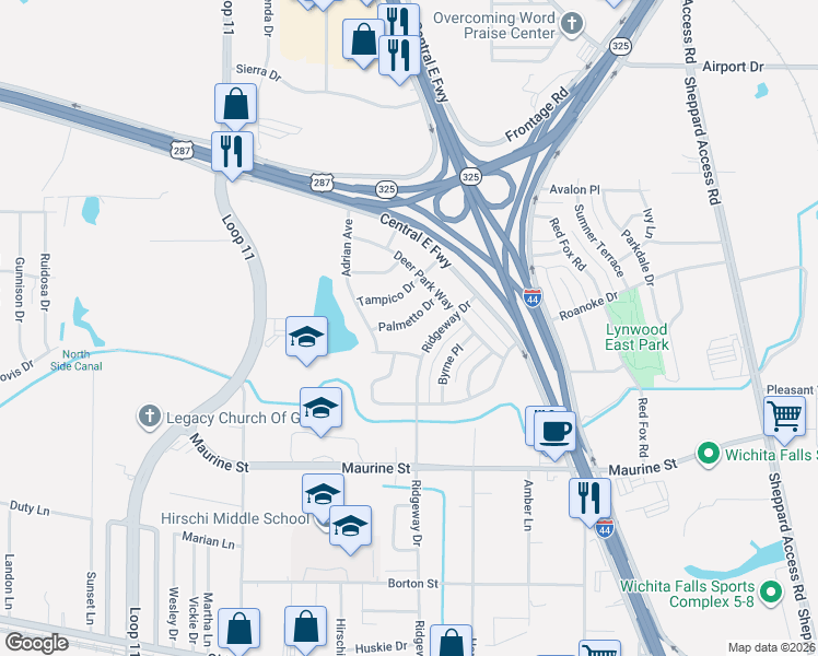 map of restaurants, bars, coffee shops, grocery stores, and more near 2810 Park View Drive in Wichita Falls
