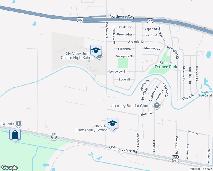 map of restaurants, bars, coffee shops, grocery stores, and more near 1501 City View Drive in Wichita Falls