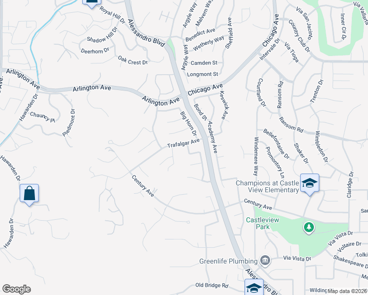 map of restaurants, bars, coffee shops, grocery stores, and more near 6141 Bluffwood Drive in Riverside