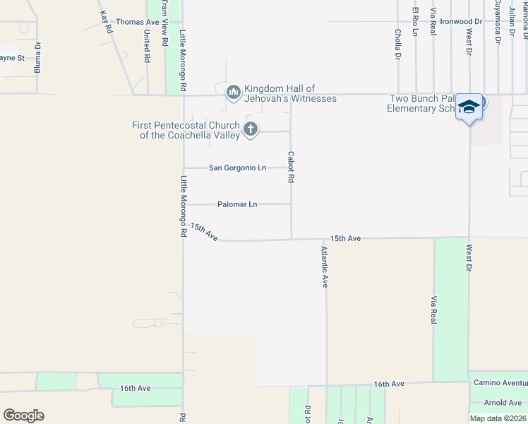 map of restaurants, bars, coffee shops, grocery stores, and more near 65333 Palomar Lane in Desert Hot Springs