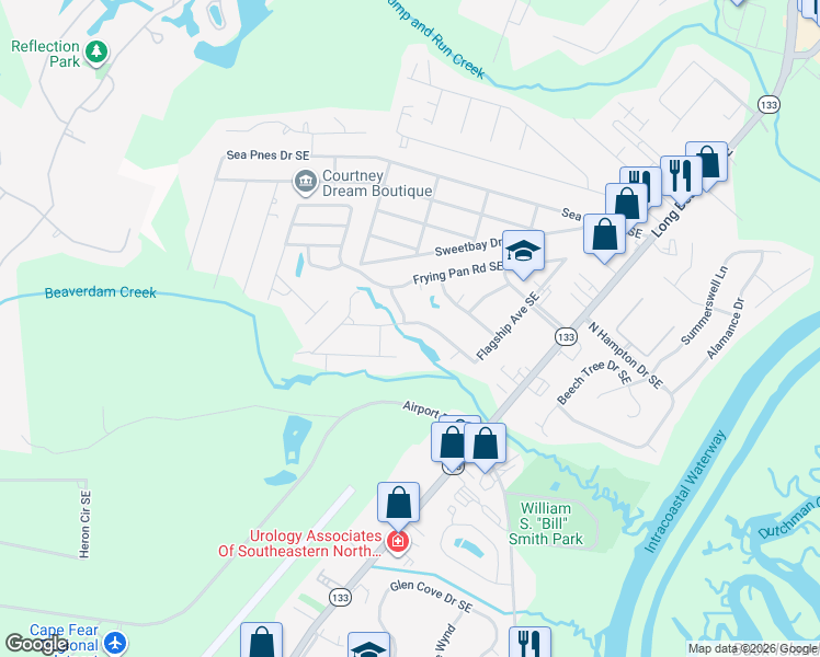 map of restaurants, bars, coffee shops, grocery stores, and more near 4304 Flagship Avenue Southeast in Southport