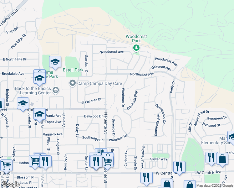 map of restaurants, bars, coffee shops, grocery stores, and more near 1362 Bexley Lane in Brea