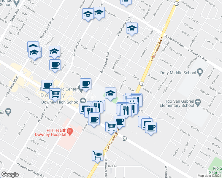 map of restaurants, bars, coffee shops, grocery stores, and more near 8610 5th Street in Downey