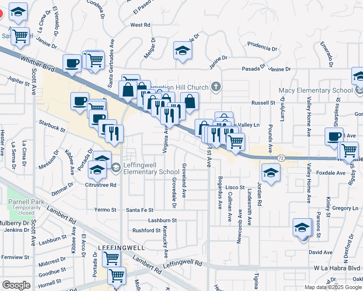 map of restaurants, bars, coffee shops, grocery stores, and more near 16039 Haldane Street in Whittier