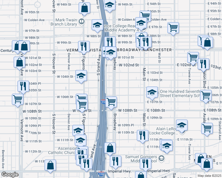 map of restaurants, bars, coffee shops, grocery stores, and more near 10501 South Broadway in Los Angeles