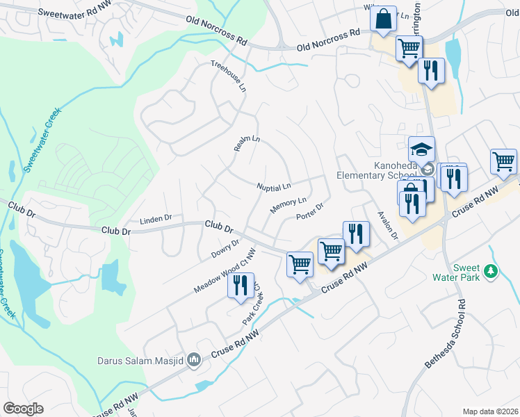 map of restaurants, bars, coffee shops, grocery stores, and more near 1201 Dowry Drive in Lawrenceville