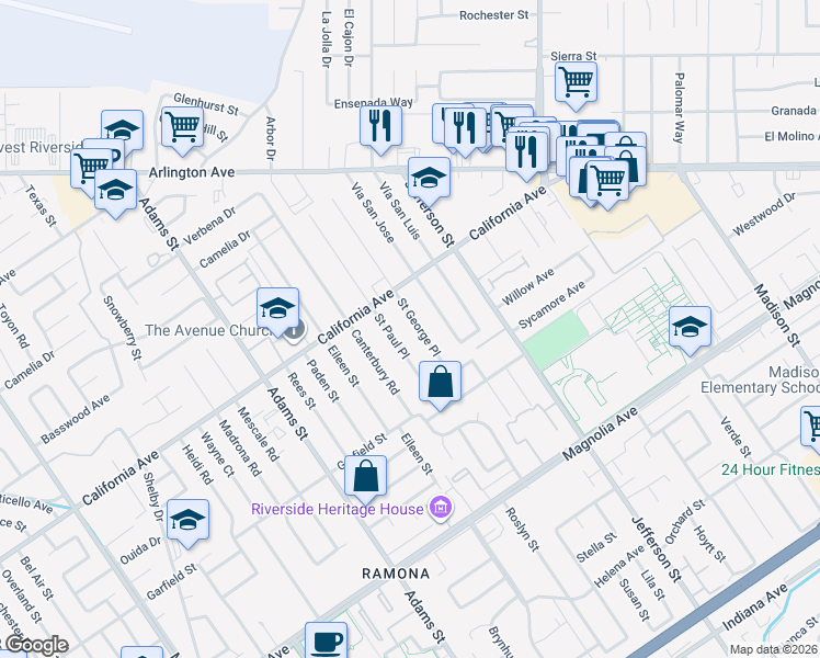 map of restaurants, bars, coffee shops, grocery stores, and more near 4130 Saint George Place in Riverside